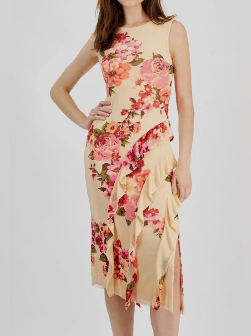 Tinsel Floral Ruffle Midi Dress‎ XL Multicolor  Romantic Cottagecore Mesh